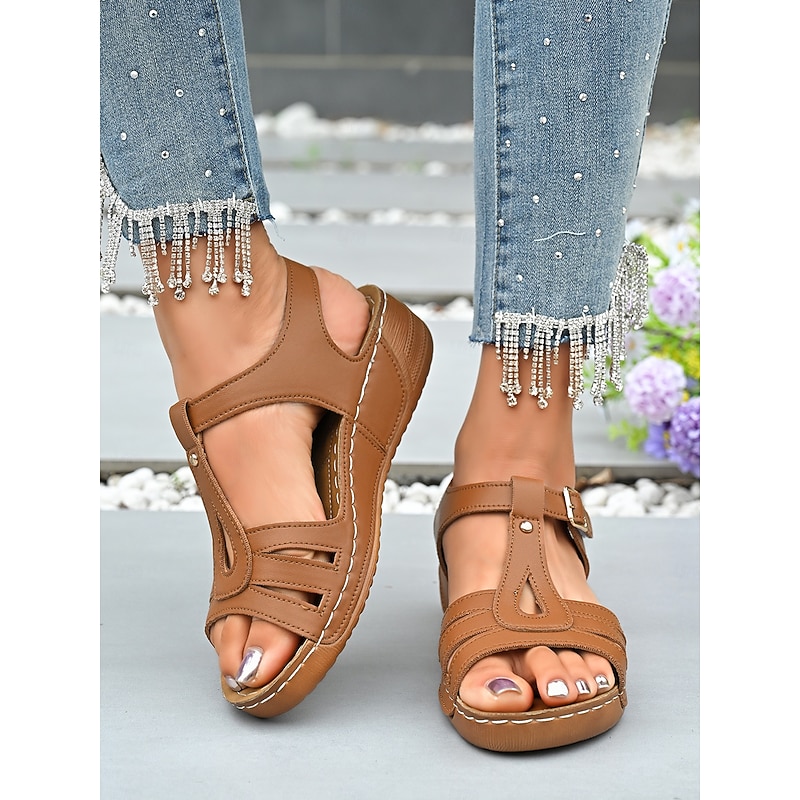 Brown T-Strap Buckle Flat Sandals for Women - Comfort Faux Leathe Sandals for Everyday Wear & Outdoor Activities2