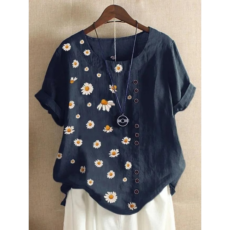 Women's Shirt Blouse Floral Graphic Leaf Elegant Daily Beach Short Sleeve Crew Neck Regular Tops Daily Holiday Linen Like Print Navy Blue Blue Green Light Blue Summer4