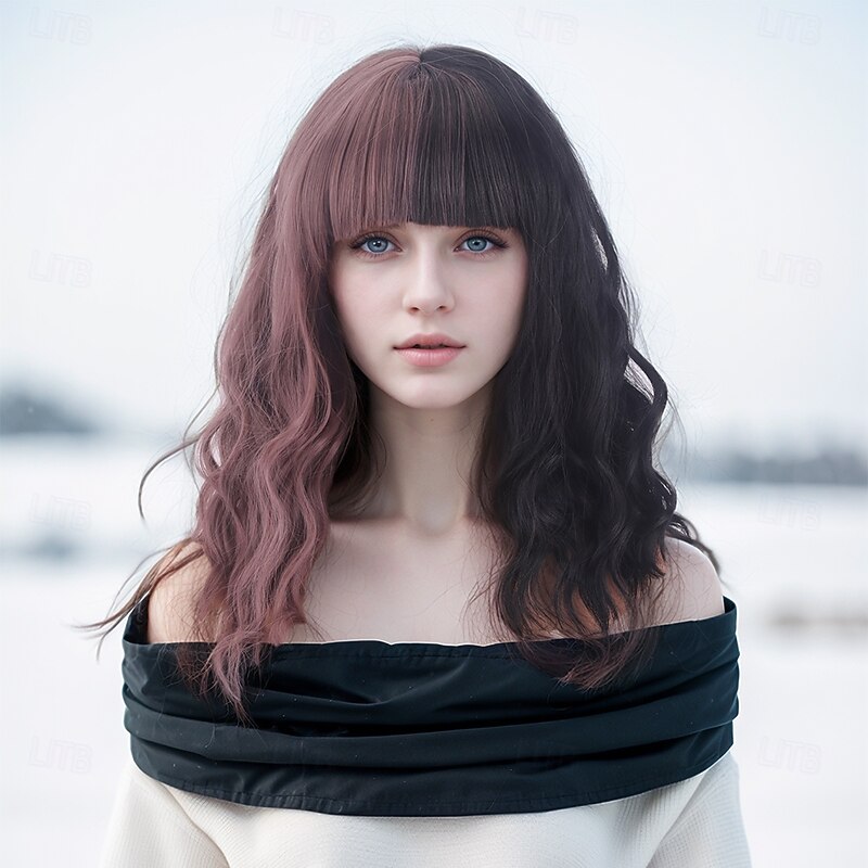 Synthetic Wig Wavy Curly Weave Layered Haircut With Bangs Machine Made Wig 16 inch A1 Synthetic Hair Women's Classic Comfortable Color Gradient Multi-color2