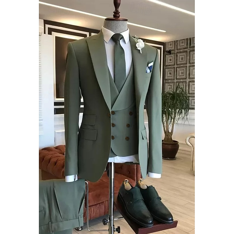 Men's Wedding Fall Wedding Suits Peaked Lapel Peak Navy Blue Army Green Formal Solid Colored Tailored Fit 3 Piece Single Breasted One-button