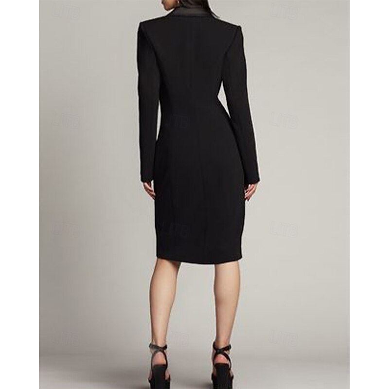 Tuxedo Dress Sheath / Column Wedding Guest Church Satin Elegant Simple Long Sleeve Midi Length Notched Lapels Double Breasted4