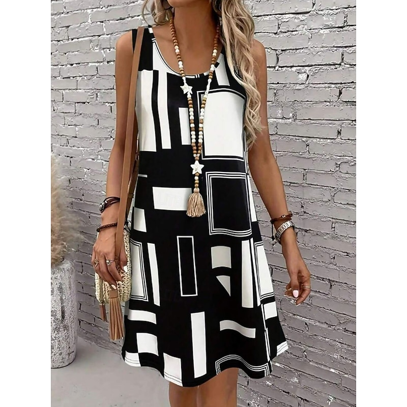 Women's Mini Dress A Line Dress Summer Dress Off The Shoulder Dress Vacation Casual Daily Loose Fit Graphic Geometric Sleeveless U Neck Black Summer