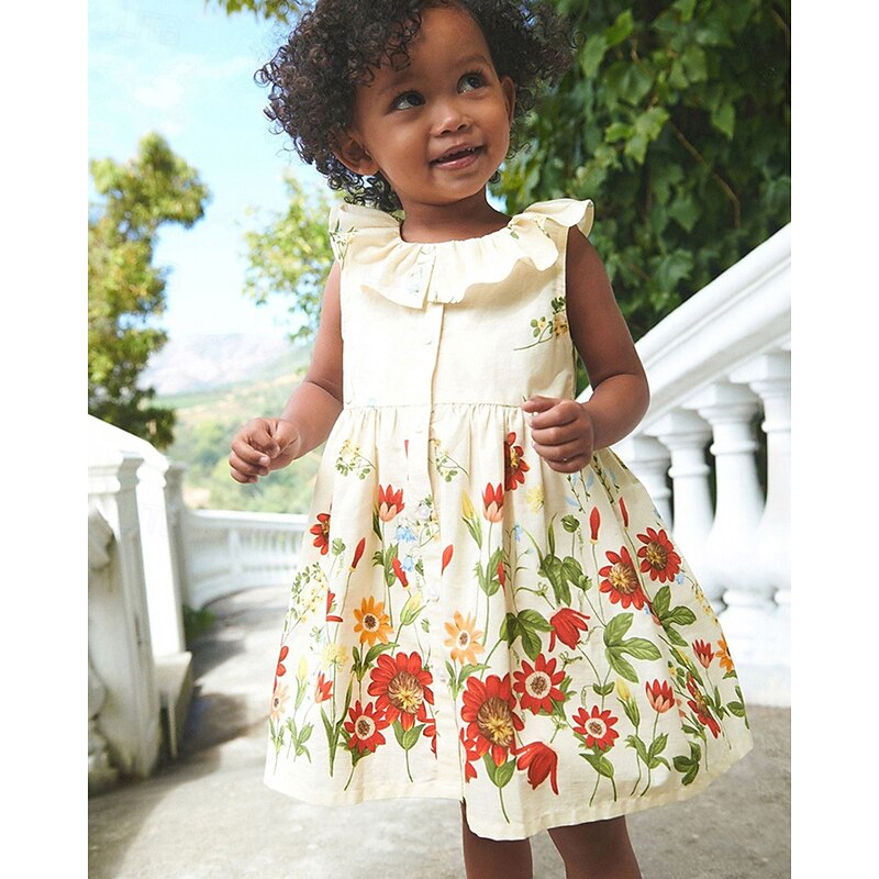 Kids Girls' Dress Flower Sleeveless Outdoor Casual Ruffle Fashion Adorable 100% Cotton Knee-length Casual Dress A Line Dress Summer Spring 4 years+ White