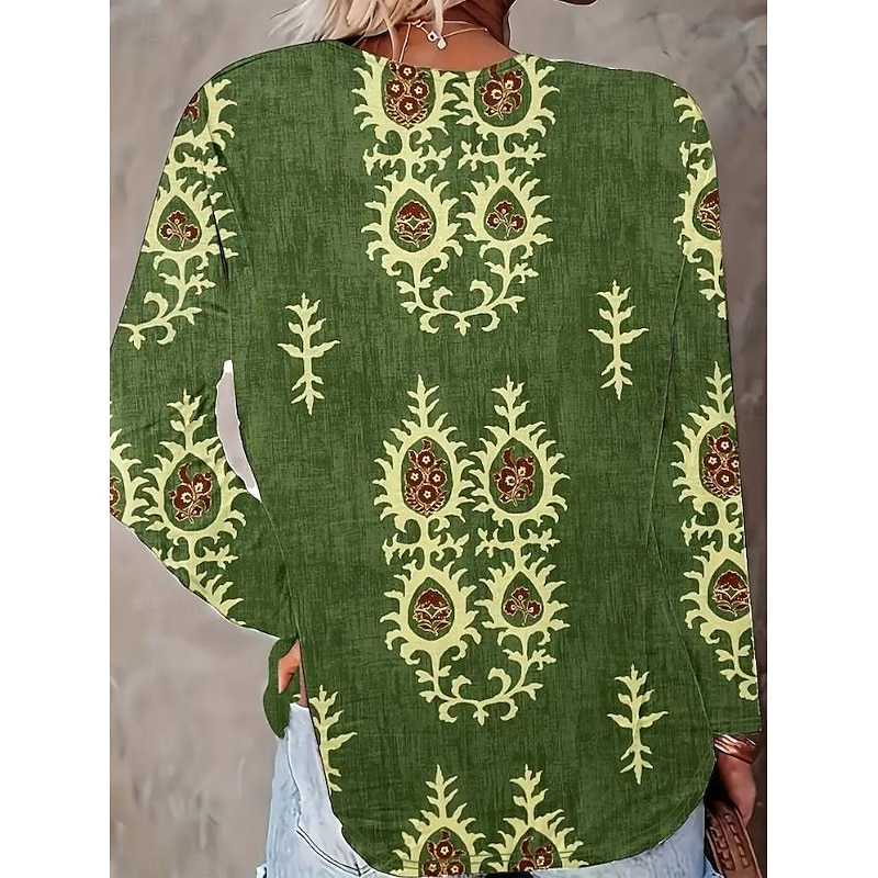 Women's Blouse Tunic V Neck Long Sleeve Boho Casual Tops Floral Graphic Vintage Tropical Regular Tops Daily Wear Print Blue Orange Green2