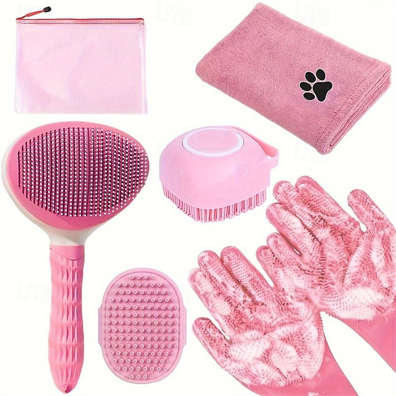6pcs Dog Bath Brush Kit 6pcs Dog Bath Brush Kit with Towel & Washing Gloves Slicker Hair Grooming Brush for Shedding Shampoo Scrubber for Dogs and Cats3