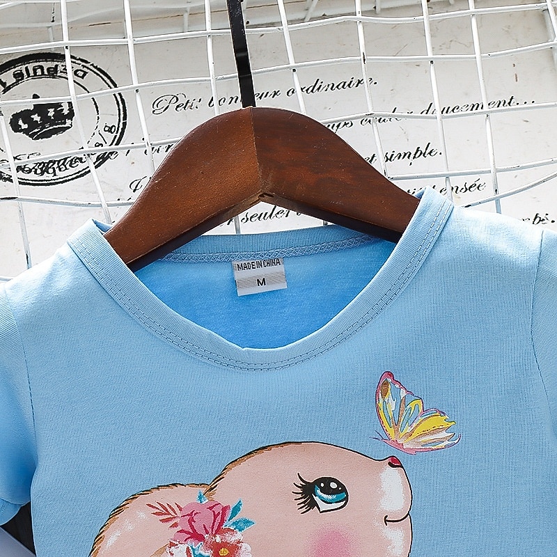 Kids Girls' Easter T shirt Rabbit Outdoor Print Short Sleeve Ruffle Fashion 4 years+ Summer Blue3