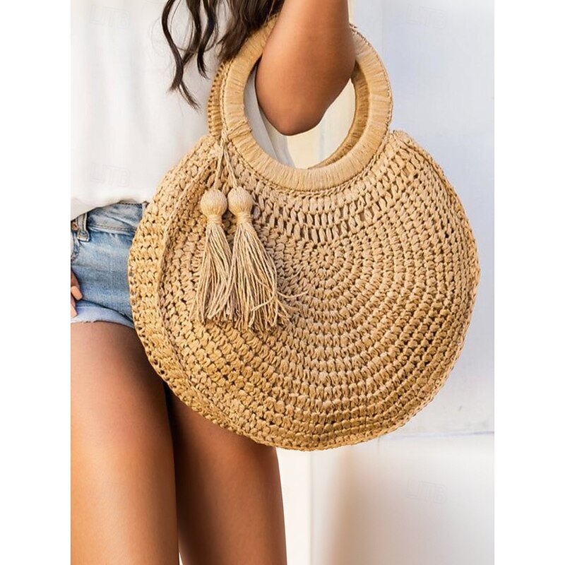Women's Large Capacity Handmade Woven Straw Round Tote Bag - Bohemian Beach Tote with Tassels, Summer Vacation Rattan Wallet for Travel, Shopping and Vacation Brown Beige