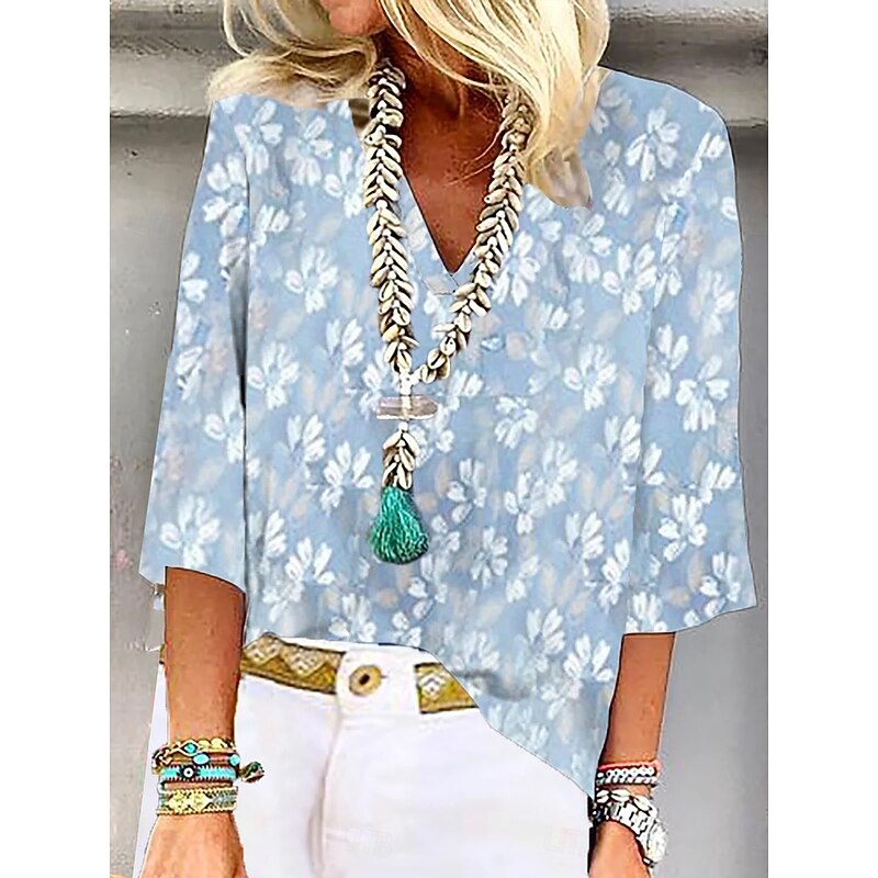 Women's Blouse Button Down Floral Graphic Stylish Beach Short Sleeve V Neck Regular Tops Daily Print Light Blue Summer Spring