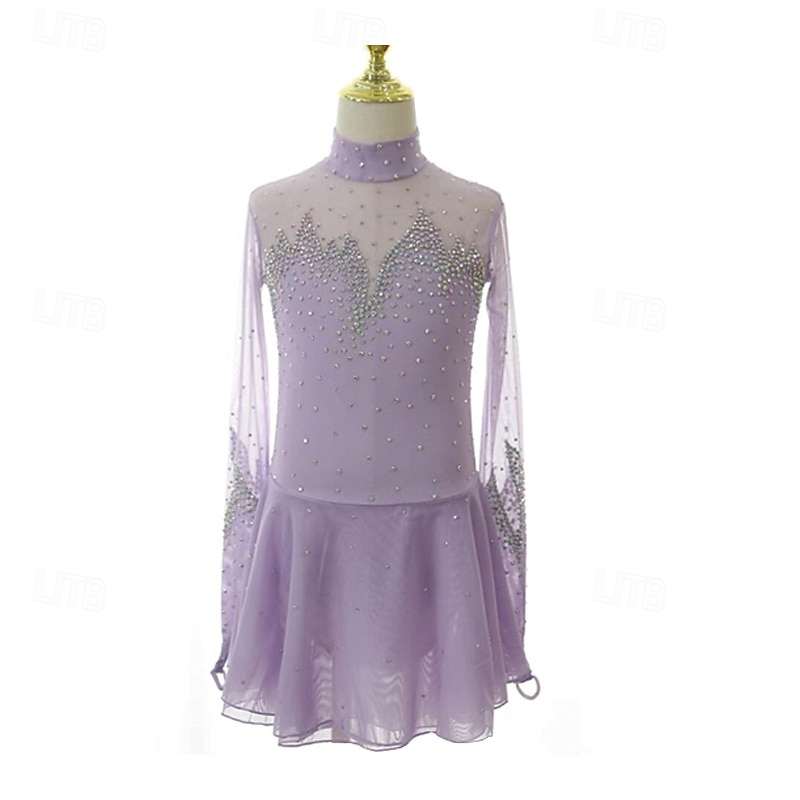 Figure Skating Dress Women's Girls' Ice Skating Dress Light Purple Patchwork Asymmetric Hem Mesh Spandex Stretchy Training Practice Professional Skating Wear Thermal Warm Crystal / Rhinestone Long