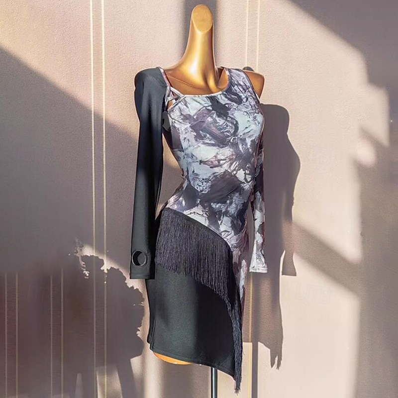 Latin Dance Dress Printing Tassel Splicing Women's Performance Training Long Sleeve Polyester2