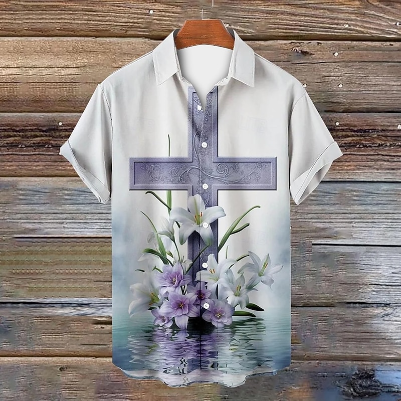 Easter Men's Templar Cross Shirt Casual Shirt Button Up Shirt Short Sleeve Vintage Retro Vacation Holiday Festival Summer Spring Turndown 3D Print Collared Shirts Purple