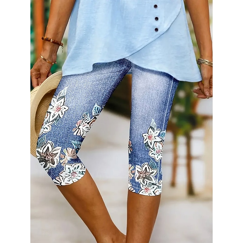 Women's Leggings Capri Pants High Elasticity Vacation Fashion Hawaiian Calf-Length Mid Waist Floral Graphic Printing Breathable Soft  Vacation Casual Daily Lake blue Summer Spring Regular Fit