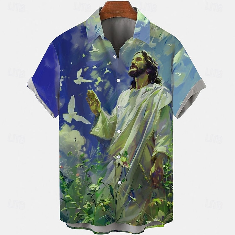 Easter Men's Jesus Pigeons Shirt Casual Shirt Button Up Shirt Short Sleeve Vintage Retro Vacation Holiday Festival Summer Spring Turndown 3D Print Collared Shirts Blue Purple2