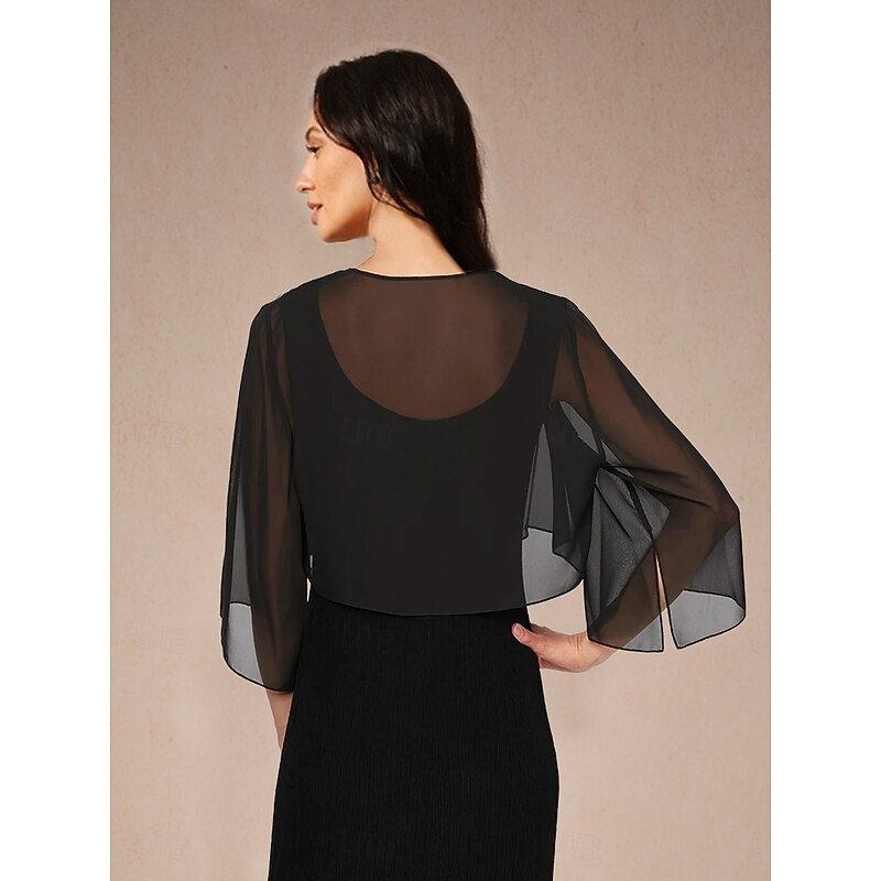 Women's Flowy Tops Chiffon Tops Solid Color Elegant 3/4 Length Sleeve Asymmetrical Crop Tops Wedding Guest Black Summer Spring Fall2