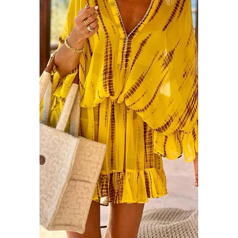 Women's Mini Dress Petite Dress Casual Dress Fashion Batwing Sleeve Outdoor Vacation Daily Regular Fit Tie Dye Long Sleeve V Neck Yellow Summer4
