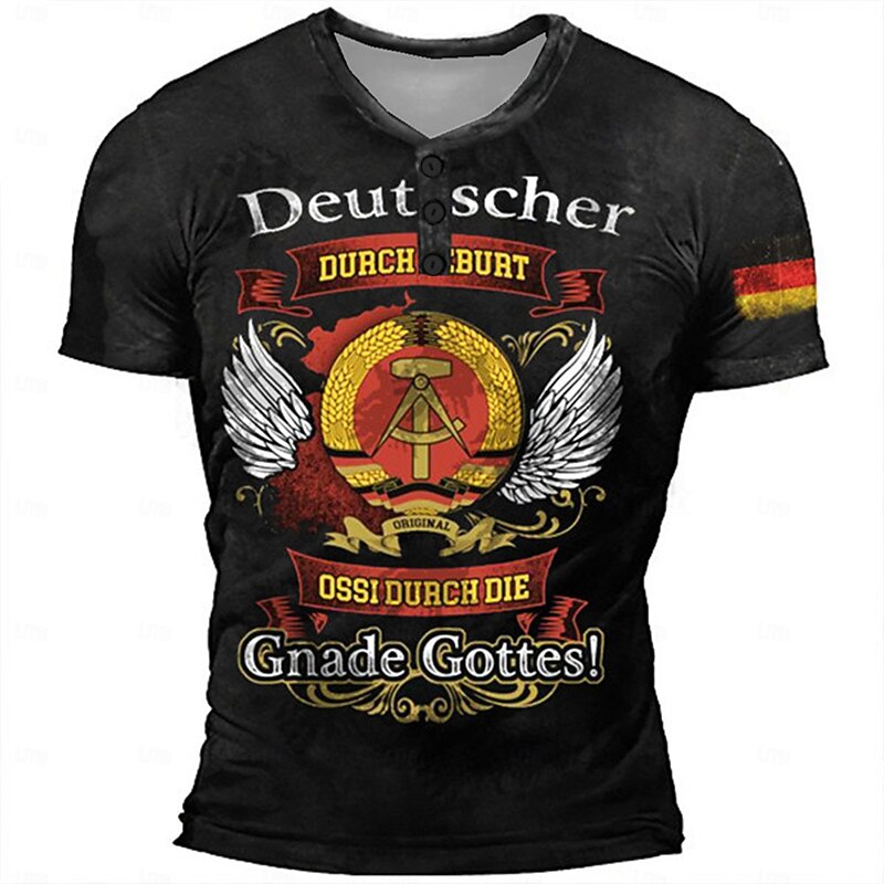 Men's Short Sleeve Graphic Henley T-Shirt, East German Ossi Heritage Design, featuring GDR Emblem and 'German by Birth, Ossi by Grace of God'2