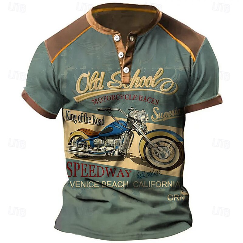 Men's Graphic Motorcycle Henley Shirt Short Sleeve 3D Print Fashion Designer Comfortable Outdoor Daily Summer Navy Blue Blue Sky Blue Purple Brown Henley Henley T-Shirt