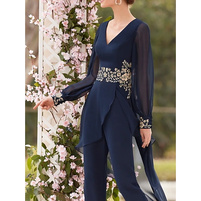 Jumpsuit Mother of the Bride  Formal Wedding Guest Elegant V Neck Floor Length Chiffon Lace Long Sleeve with Appliques3