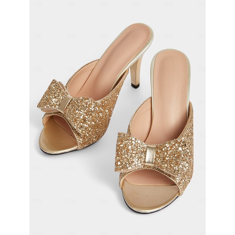 Women's Gold Glitter Bow Stiletto Mules – Glamorous Party & Romantic Dinner Shoes2