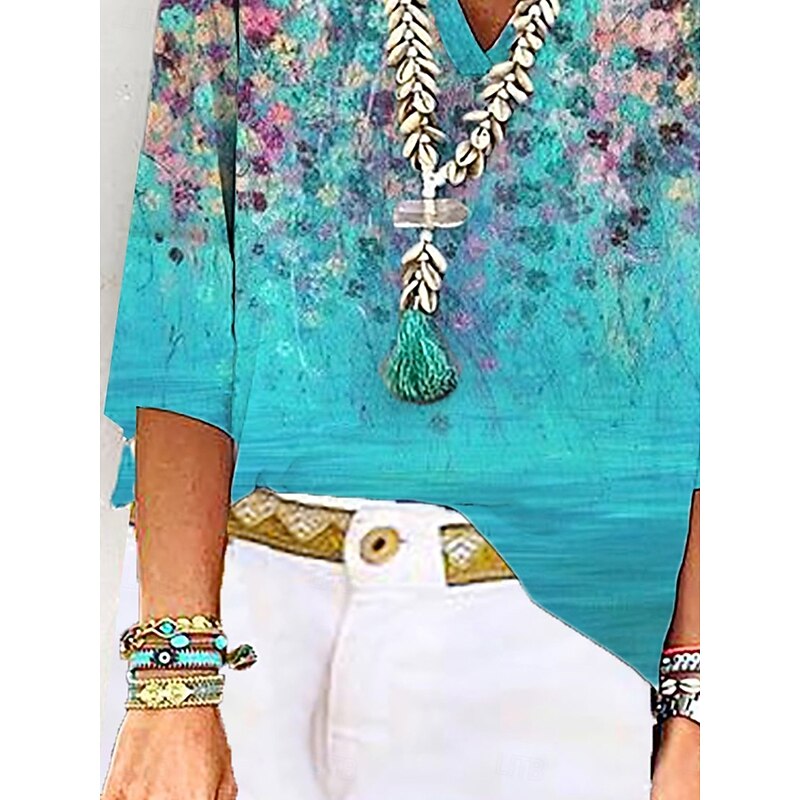 Women's Blouse Button Down Ombre Floral Graphic Stylish Beach Short Sleeve V Neck Regular Tops Daily Print Blue Summer Spring3