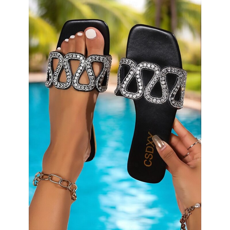 Women's Rhinestone Slide Sandals – Elegant Slip-On Flat Sandals with Sparkling Crystal Cutout Design for Summer, Beach and Casual Wear