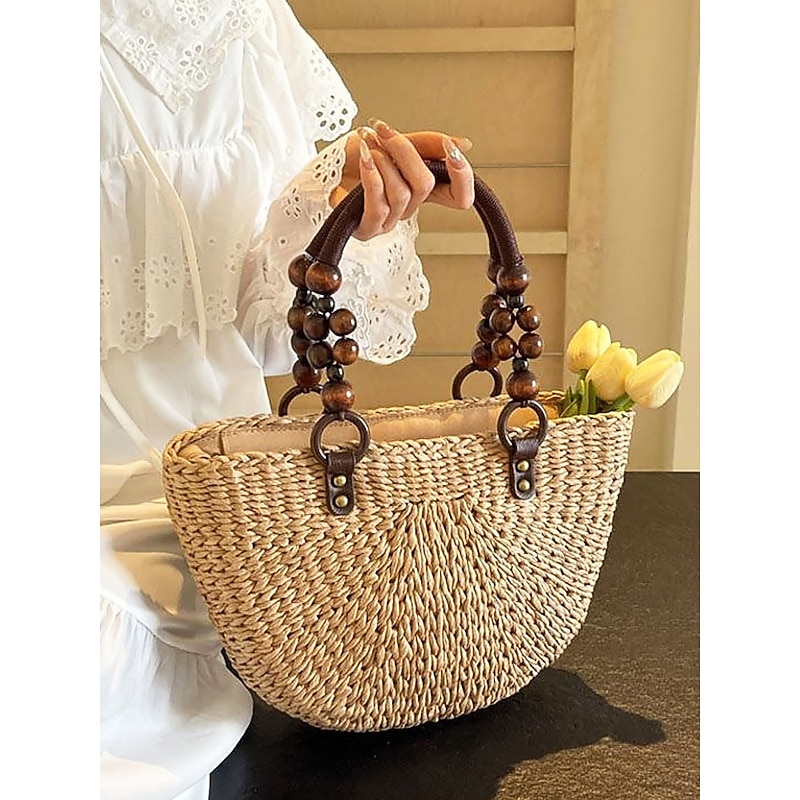 Women's Handmade Woven Straw Tote Bag – Boho Summer Beach Handbag with Wooden Bead Handles, Casual Large Capacity Shoulder Bag for Vacation, Shopping, and Travel4