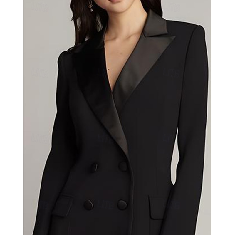 Tuxedo Dress Sheath / Column Wedding Guest Church Satin Elegant Simple Long Sleeve Midi Length Notched Lapels Double Breasted3