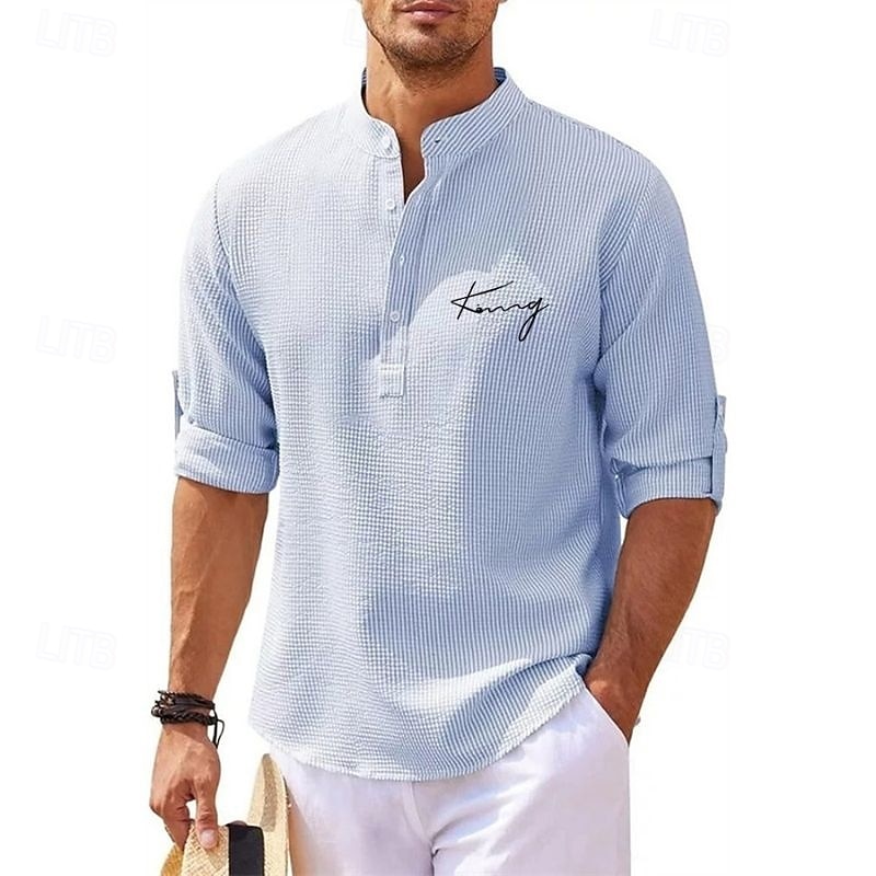 Men's Popover Shirt Summer Shirt Casual Shirt Beach Shirt Waffle Knit Shirt Black White Blue Sky Blue Dark Gray Long Sleeve Letter Classic Stand Collar Henley Vacation Hawaiian Buckle Clothing Apparel