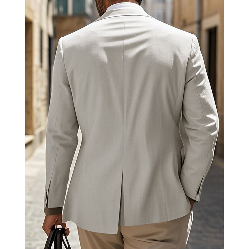 Men's Linen Blazer Blazer Business Cocktail Party Wedding Party Fashion Casual Spring &  Fall Polyester Linen Plain Pocket Buttons Comfortable Single Breasted Blazer White khaki Beige2