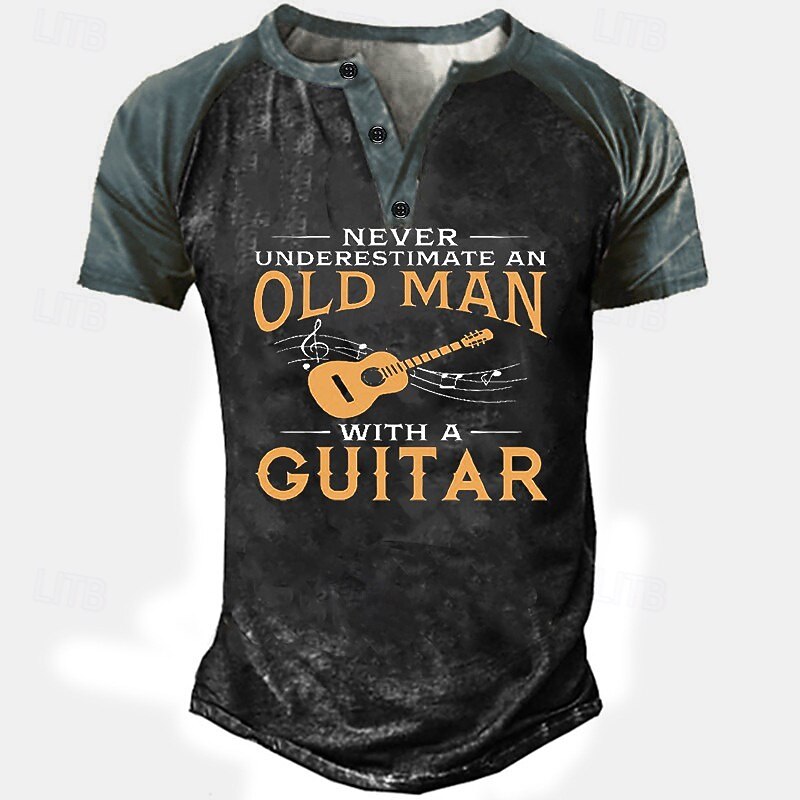 Men's Never Underestimate an Old Man with a Guitar Henley T-Shirt | Funny Musician Short Sleeve Graphic Tee4