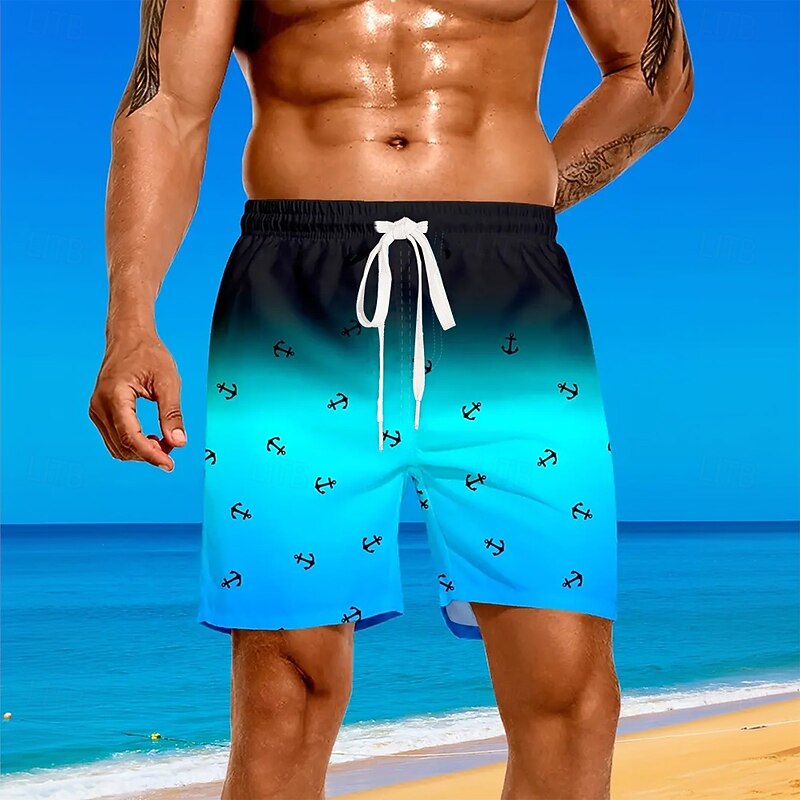 Men's Nautical Anchor Gradient Color Board Shorts Swimming Trunks Summer Shorts Mid Waist Streetwear Hawaiian Beach Vacation Wear Side Pockets Mesh Lining Elastic Drawstring Waist Designer Clothing2