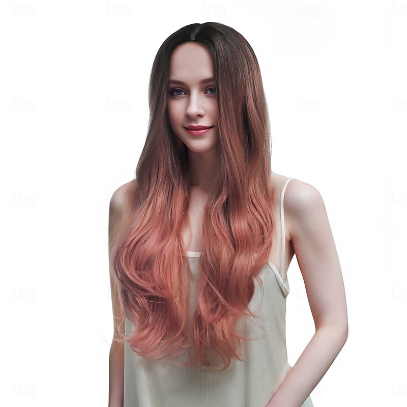 Synthetic Wig Wavy Deep Wave Asymmetrical Deep Parting Machine Made Wig 28 inch A1 Synthetic Hair Women's Middle Part Elastic Comfortable Pink3