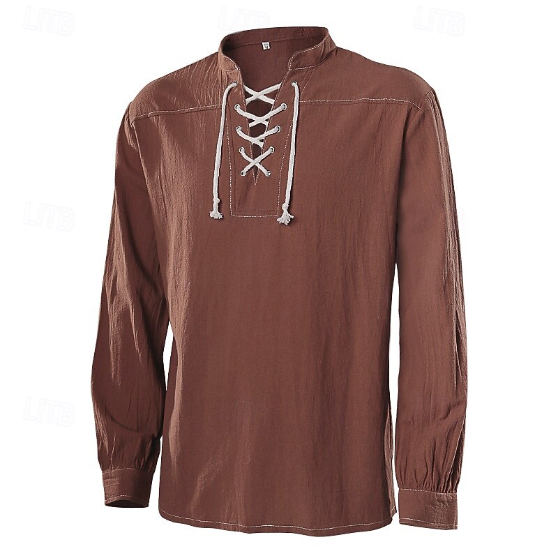 Medieval Renaissance 17th Century Medium Length Blouse / Shirt Cosplay Costume Celtic Knight Elven Drawstring Solid Color Fancy Dress Men's Pirate Fantasy Halloween Masquerade Casual Daily3