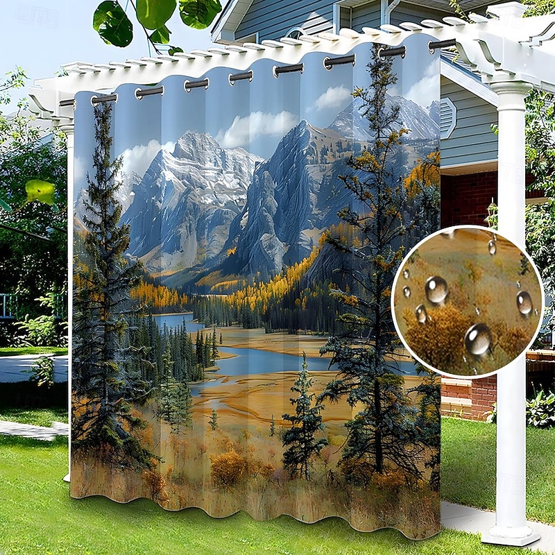 Waterproof Outdoor Curtain Privacy, Sliding Patio Curtain Drapes, Pergola Curtains Grommet 3D Moutain Landscape For Gazebo, Balcony, Porch, Party, 1 Panel