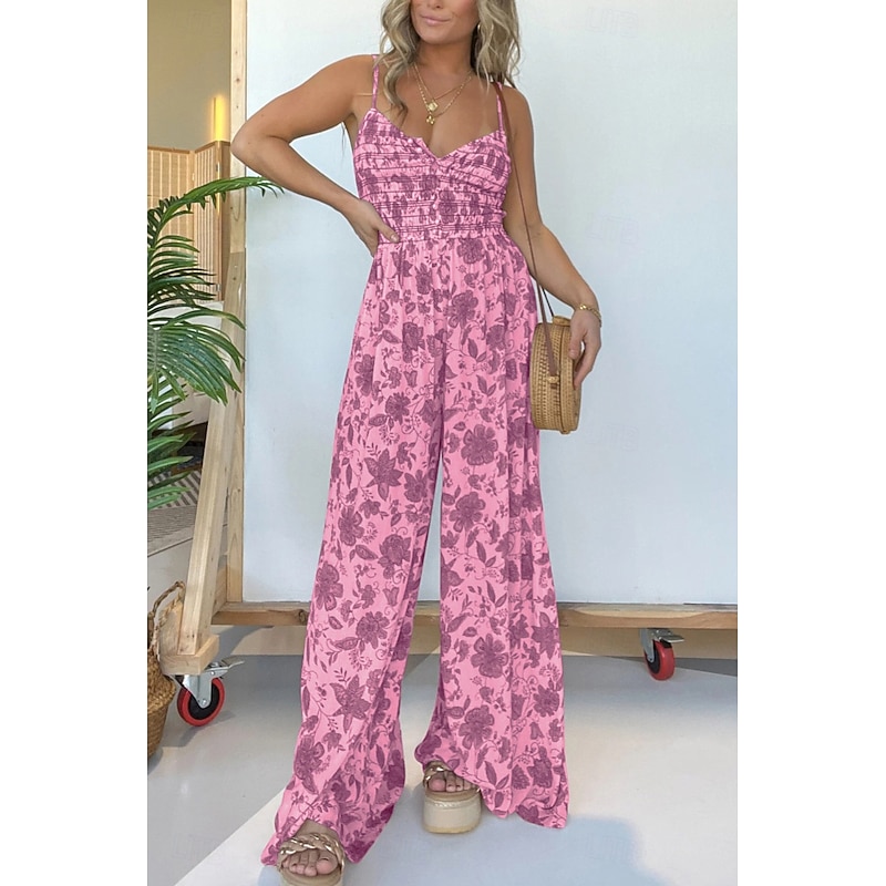 Women's Normal Jumpsuit Streetwear Floral Spaghetti Strap V Neck Print Street Daily Regular Fit Pink Blue Khaki Summer