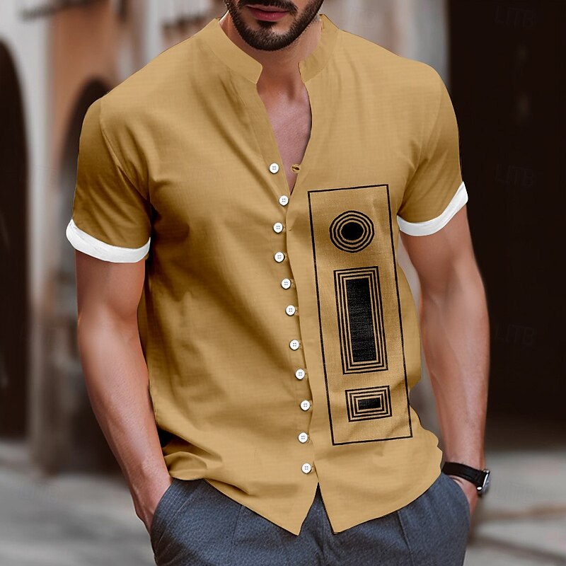 Men's Geometric Square Shirt Button Up Shirt Stand Collar Shirt Short Sleeve Fashion Casual Vacation Daily Summer Spring Grandad Collar Mandarin Collar Band Collar 3D Print Linen Like Shirt Yellow3