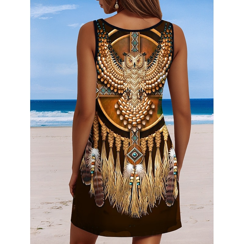 Women's Boho Dress Western Dress Vintage Mini Dress A Line Dress Off The Shoulder Dress Vacation Party Casual Party Going out Standard Fit Graphic Tribal Sleeveless U Neck dark brown Blue Green2