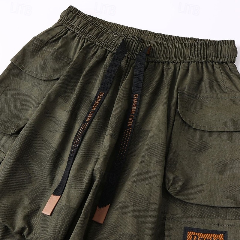 Men's Cargo Shorts Camping Shorts Camo Shorts Hiking Shorts Elastic Waist Straight Leg 6 Pocket Plain Camouflage Wearable Moisture Wicking Knee Length Outdoor Casual Daily Fashion Streetwear Black3