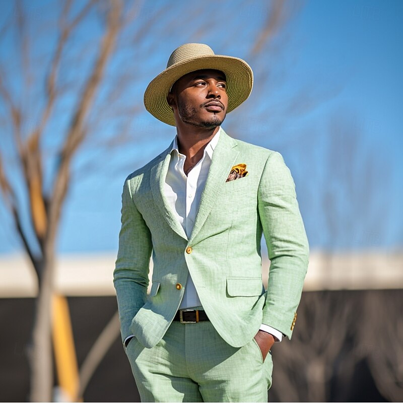 Men's Wedding Party Linen Suits Notch Lapel Sky Blue Sage Fashion Casual Solid Colored Standard Fit 2 Piece Single Breasted Two-buttons2