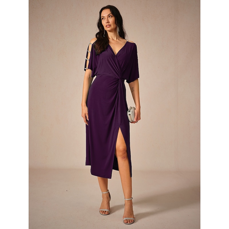 Women's Tea Length Knit Dress Elegant Stylish Party Date Regular Fit Solid Color Short Sleeve V Neck Eggplant Summer