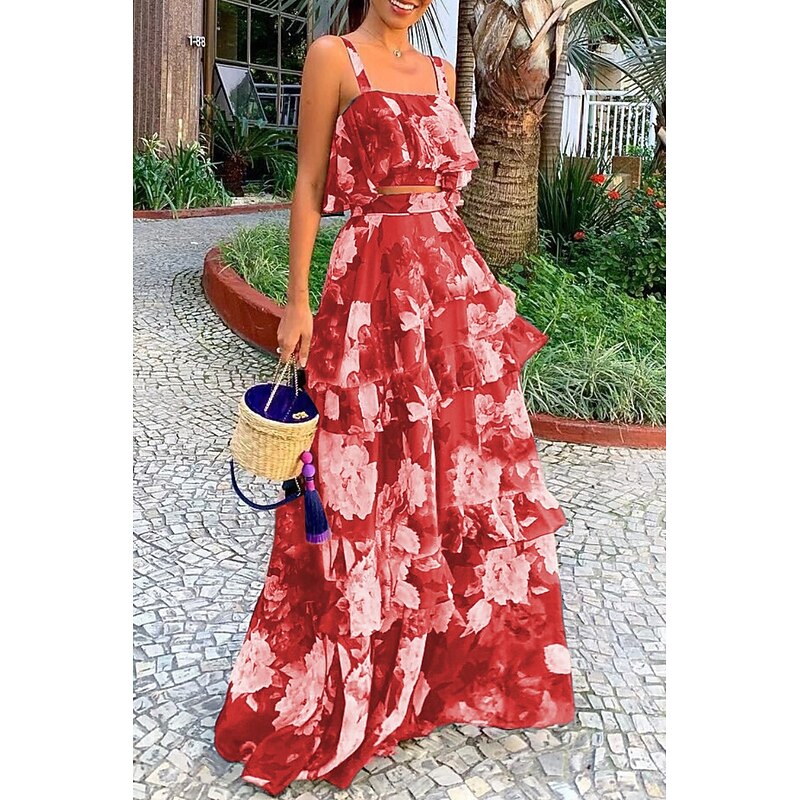 Women's Long Dress Maxi Dress Two Piece Dress Peplum Dresses Fashion Holiday Tea Party Going out Regular Fit Flower Sleeveless Spaghetti Strap Red Navy Blue Green Summer4