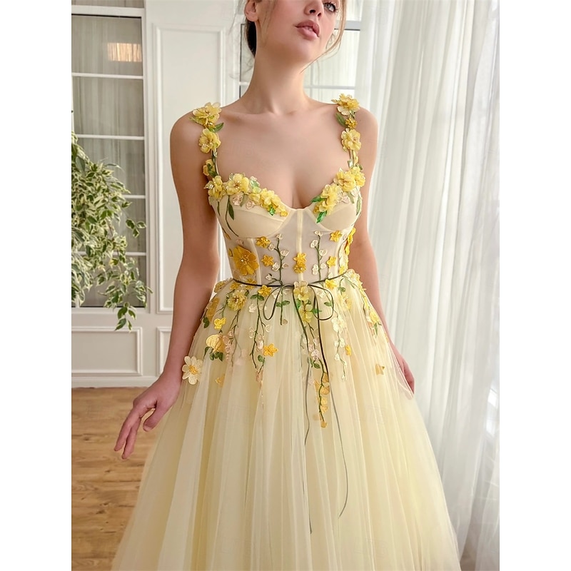A-Line Quinceanera Dresses ButterDress Wedding Wedding Guest Tea Length Sleeveless Square Neck with Floral Lace Applique Tulle3