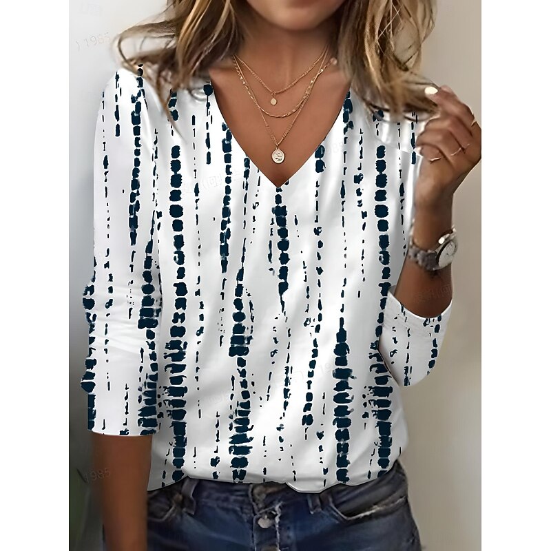 Women's T shirt Long Sleeve V Neck Long Sleeve Tunic Tribal Vintage Elegant Bohemia Vintage Regular Tops Daily Vacation Wear Print Black White Spring Fall Prefall2