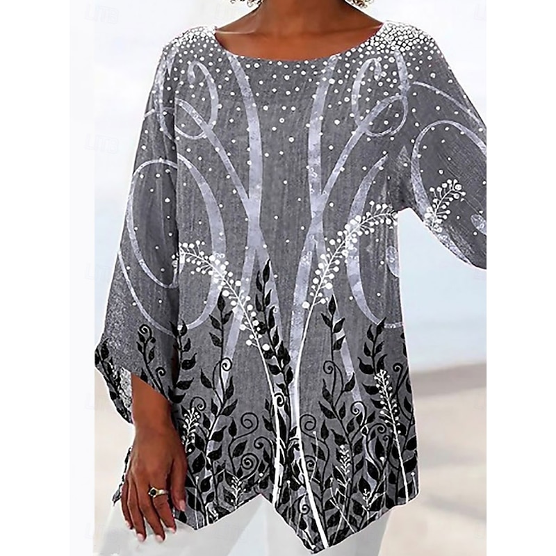 Women's Blouse Long Sleeve Asymmetrical Hem Floral Graphic Stylish Beach Short Sleeve V Neck Regular Tops Daily Print Gray Spring Fall