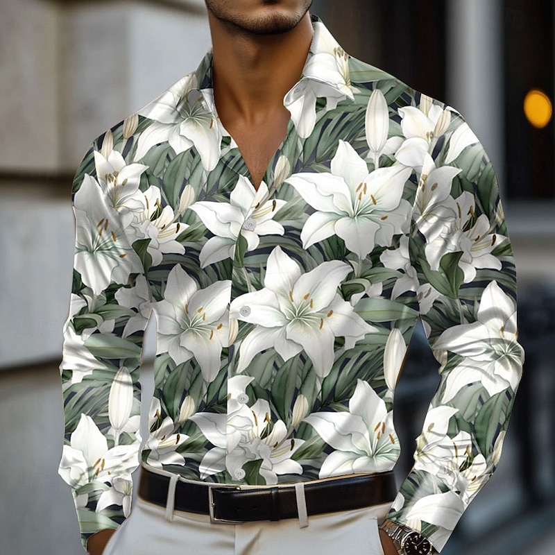 Easter Men's Floral Print Lily Flowers Satin Shirt Dress Shirt Button Up Shirt Long Sleeve Fashion Casual Vacation Holiday Summer Spring Fall Turndown Collared Shirts 3D Print White Green