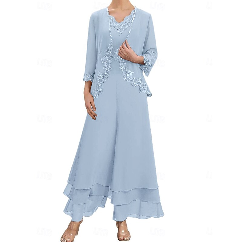 Dress Sets Mother of the Bride Dress Wedding Guest Elegant Simple V Neck Floor Length Polyester Long Sleeve with Embroidery2