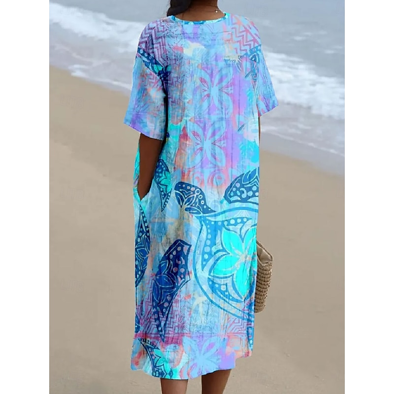 Women's Midi Dress Sundress Summer Dress Vacation Casual Beach Going out Loose Fit Floral Graphic Half Sleeve V Neck Blue Summer2