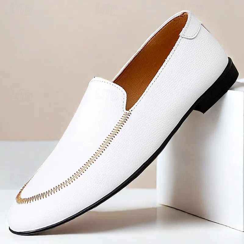 Men's Prom Shoes - White Faux Leather Slip-On Loafers with Sleek Design for Weddings and Formal Events