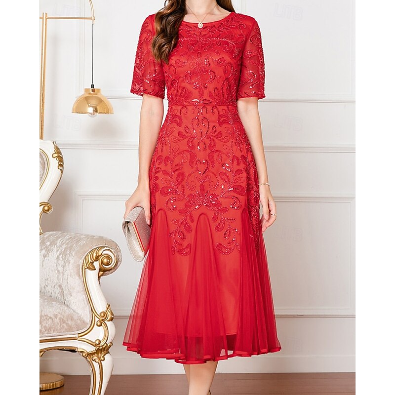 A-Line Beaded Dress Mother of the Bride Elegant Vintage Party V Neck Floor Length Lace Beaded Sequin Lace Short Sleeve with Flare4