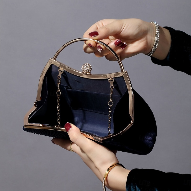 Women's Navy Blue Evening Clutch – Elegant Pleated Velvet Handbag with Gold Handle and Rhinestone Clasp, Perfect for Weddings, Parties, and Formal Events2